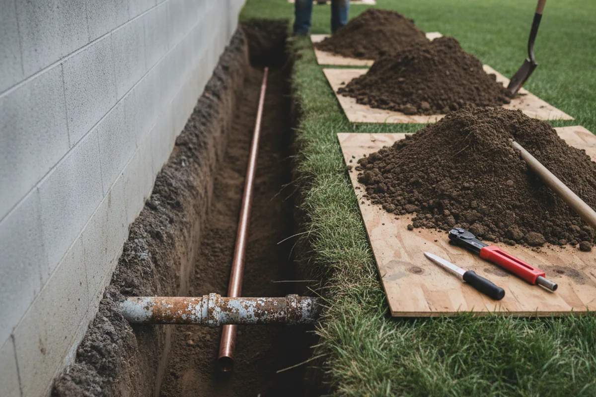 Excavated water line trench during Water Softener Installation in Fort McDowell